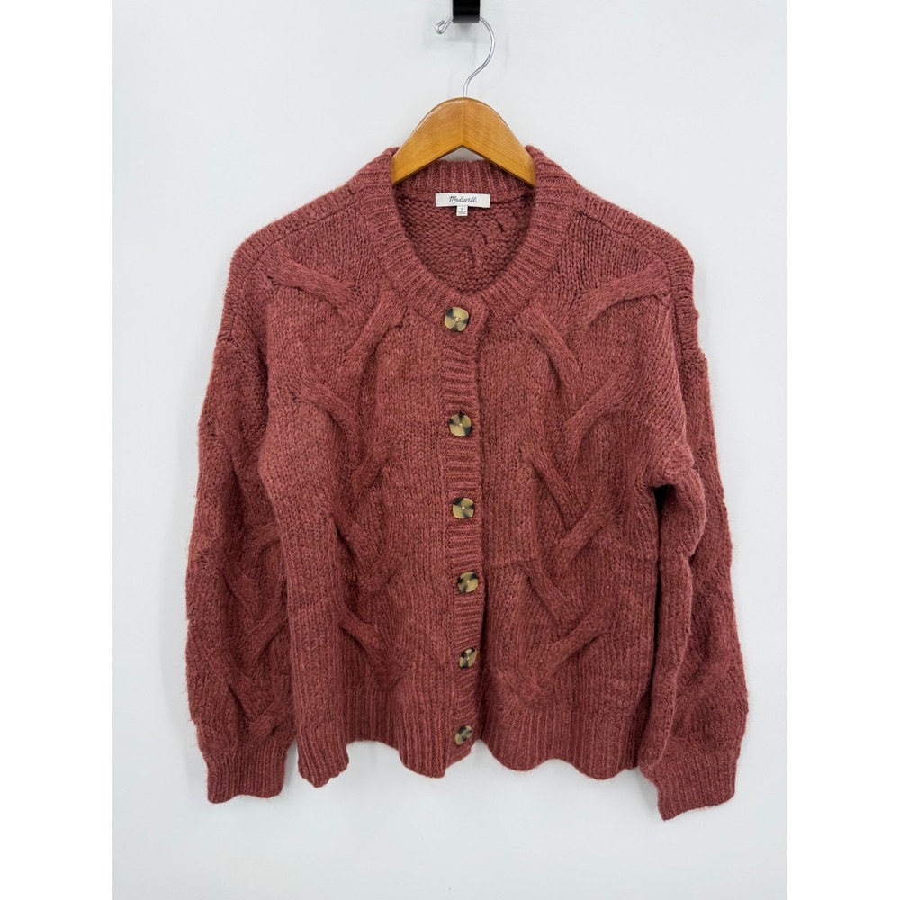 Madewell NH939 Cable Knit Cardigan Sweater Womens Small Pink Rosewood Wool Blend
